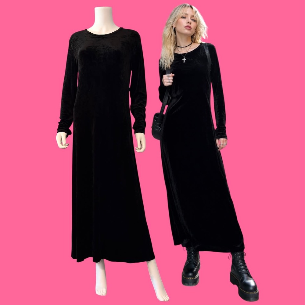 Vtg 90s Gap Black Crushed Velvet Maxi Dress Large MInimalist Grunge Whimsigoth